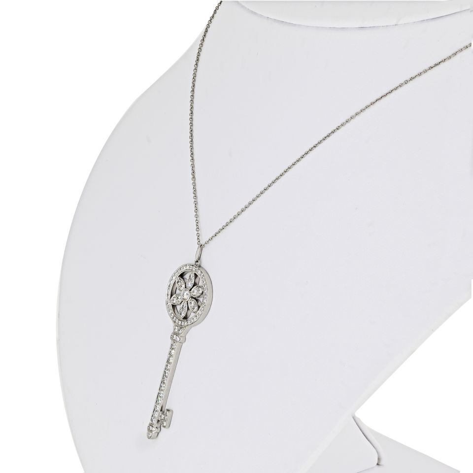 18K White Gold Diamond Heart Lock Pendant and Key Necklace