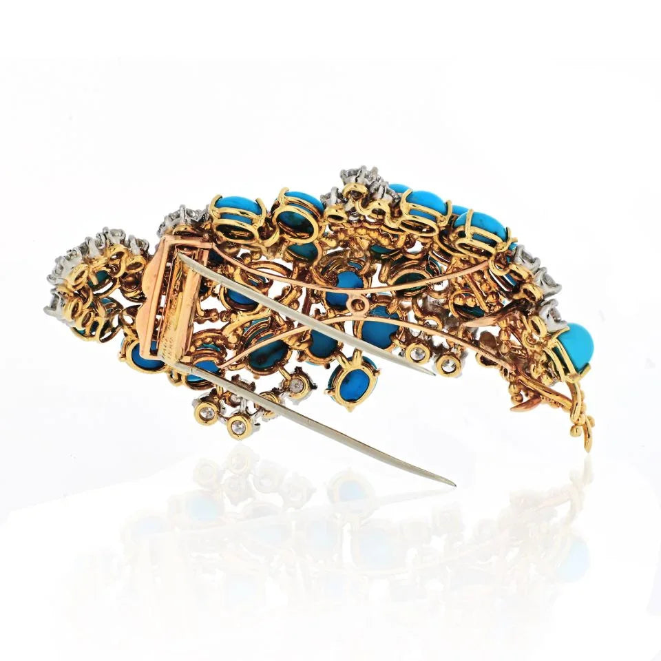 Cartier 1960's 18K Yellow Gold Turquoise, Diamond Vintage Brooch - The Back Vault