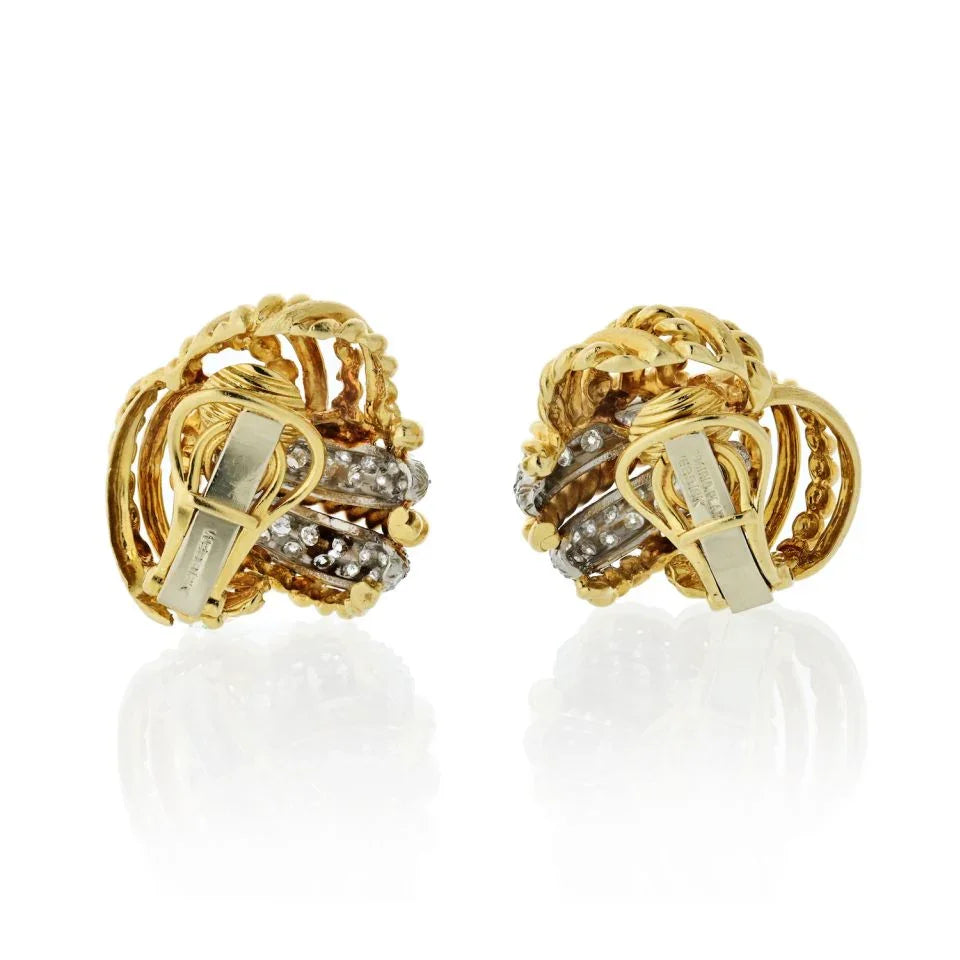 David Webb Hammered Platinum & 18K Yellow Gold 2.50 Carat Knot Diamond Earrings - The Back Vault