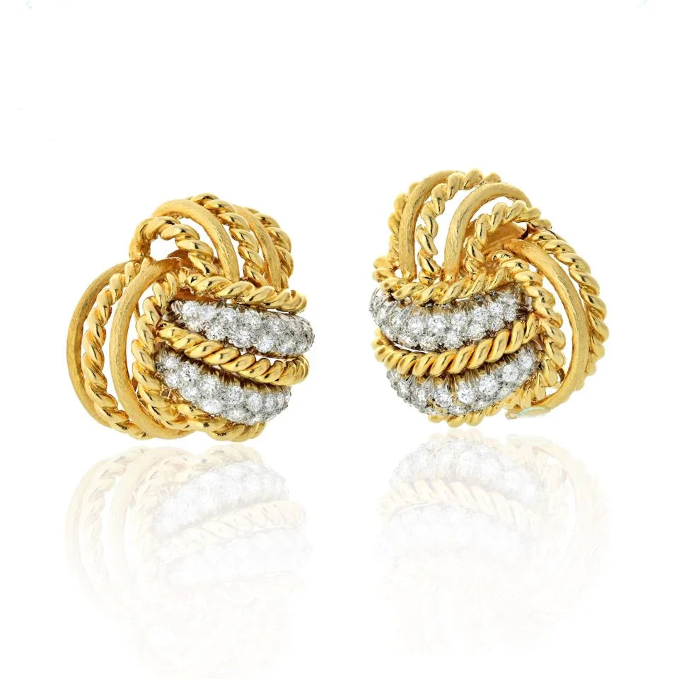 David Webb Hammered Platinum & 18K Yellow Gold 2.50 Carat Knot Diamond Earrings - The Back Vault