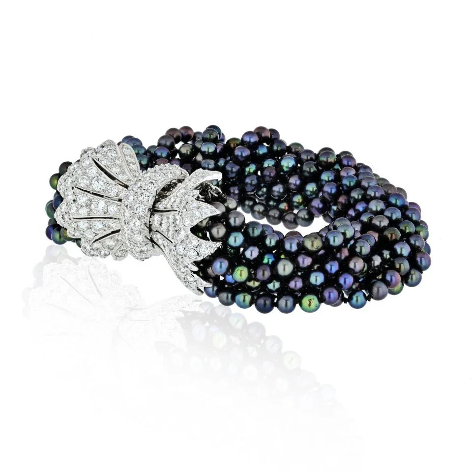 David Webb Platinum & 18K Yellow Gold 12 Multi-strand Dyed Black Torsade 6.00 Carat Bracelet - The Back Vault