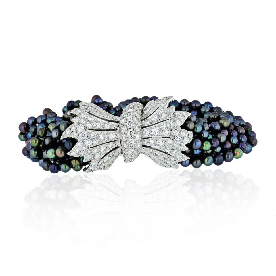 David Webb Platinum & 18K Yellow Gold 12 Multi-strand Dyed Black Torsade 6.00 Carat Bracelet - The Back Vault