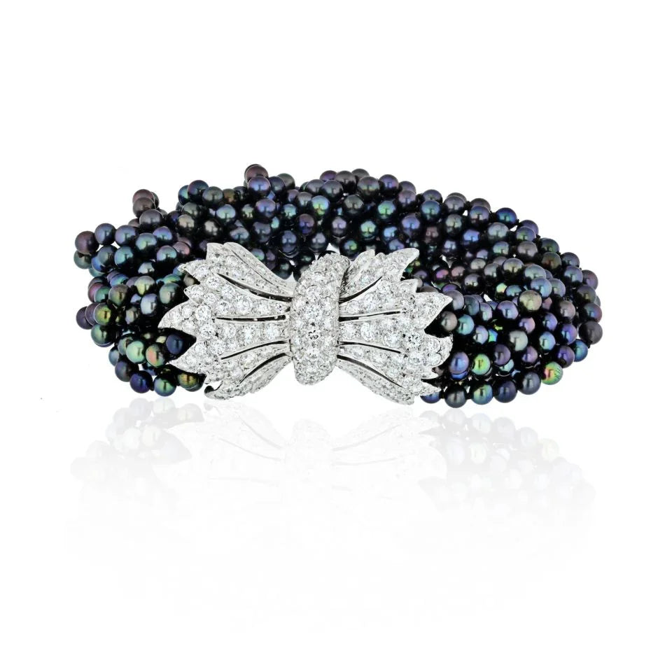 David Webb Platinum & 18K Yellow Gold 12 Multi-strand Dyed Black Torsade 6.00 Carat Bracelet - The Back Vault