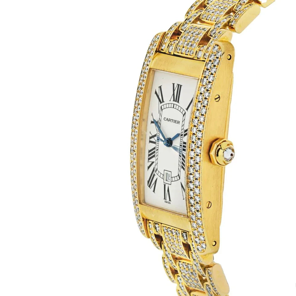 Cartier Tank American 18K Yellow Gold Date, Automatic. Factory Diamond & Bezel Women Watch - The Back Vault