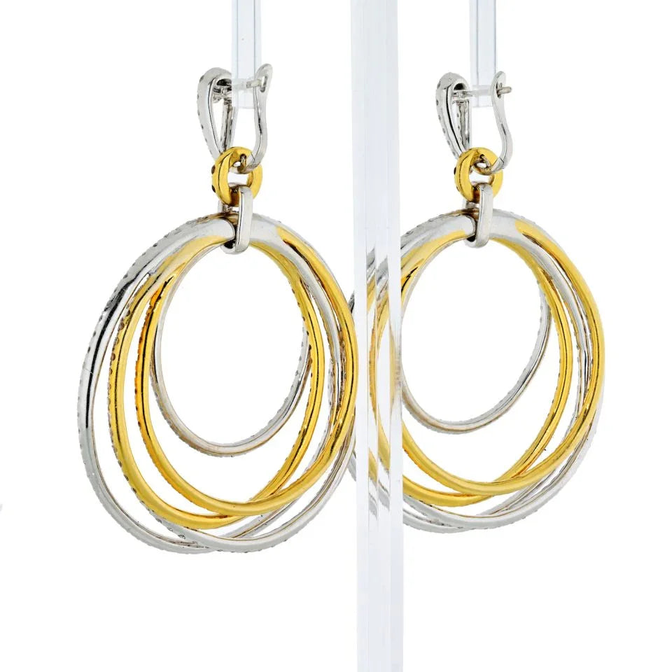 18K Two Tone 24.57 Carat Pave White And Chocolate Diamond Dangling Hoop Earrings - The Back Vault