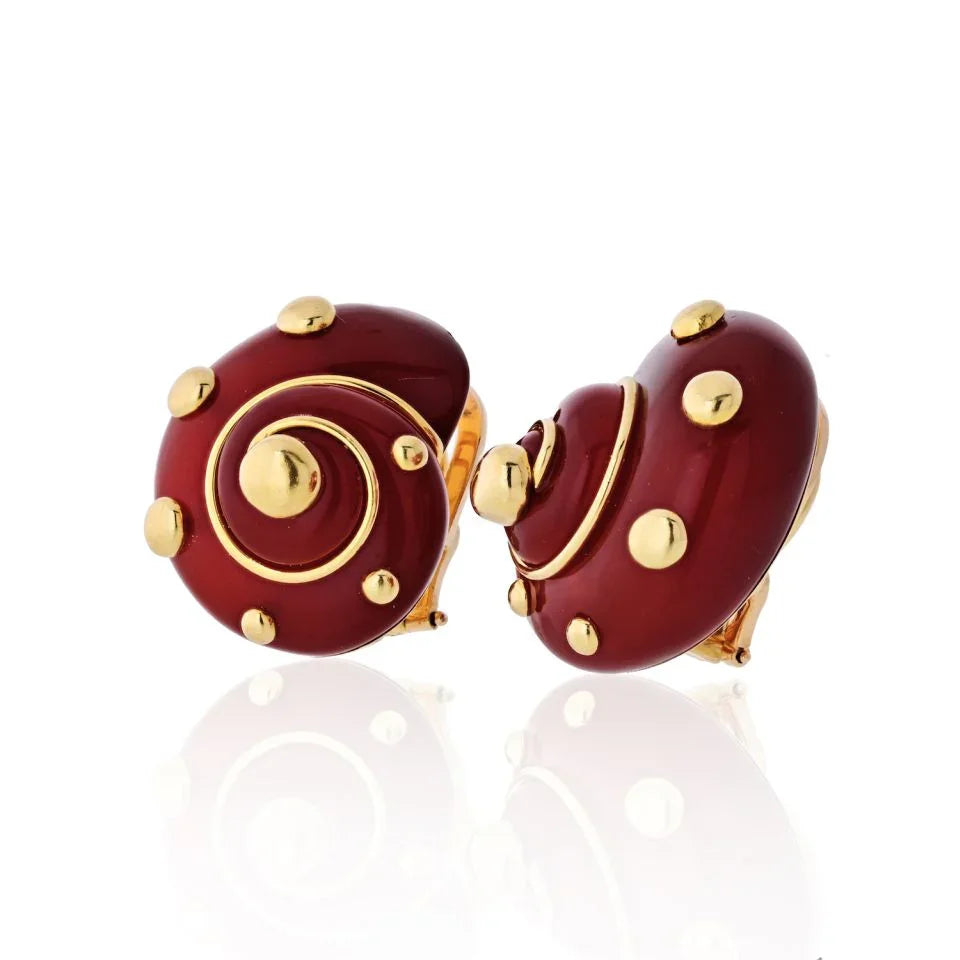 Verdura 18K Yellow Gold Carnelian Shell Earrings - The Back Vault