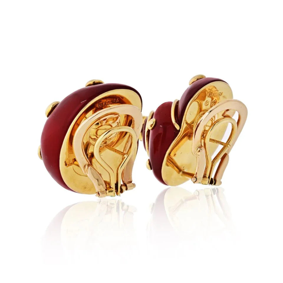 Verdura 18K Yellow Gold Carnelian Shell Earrings - The Back Vault