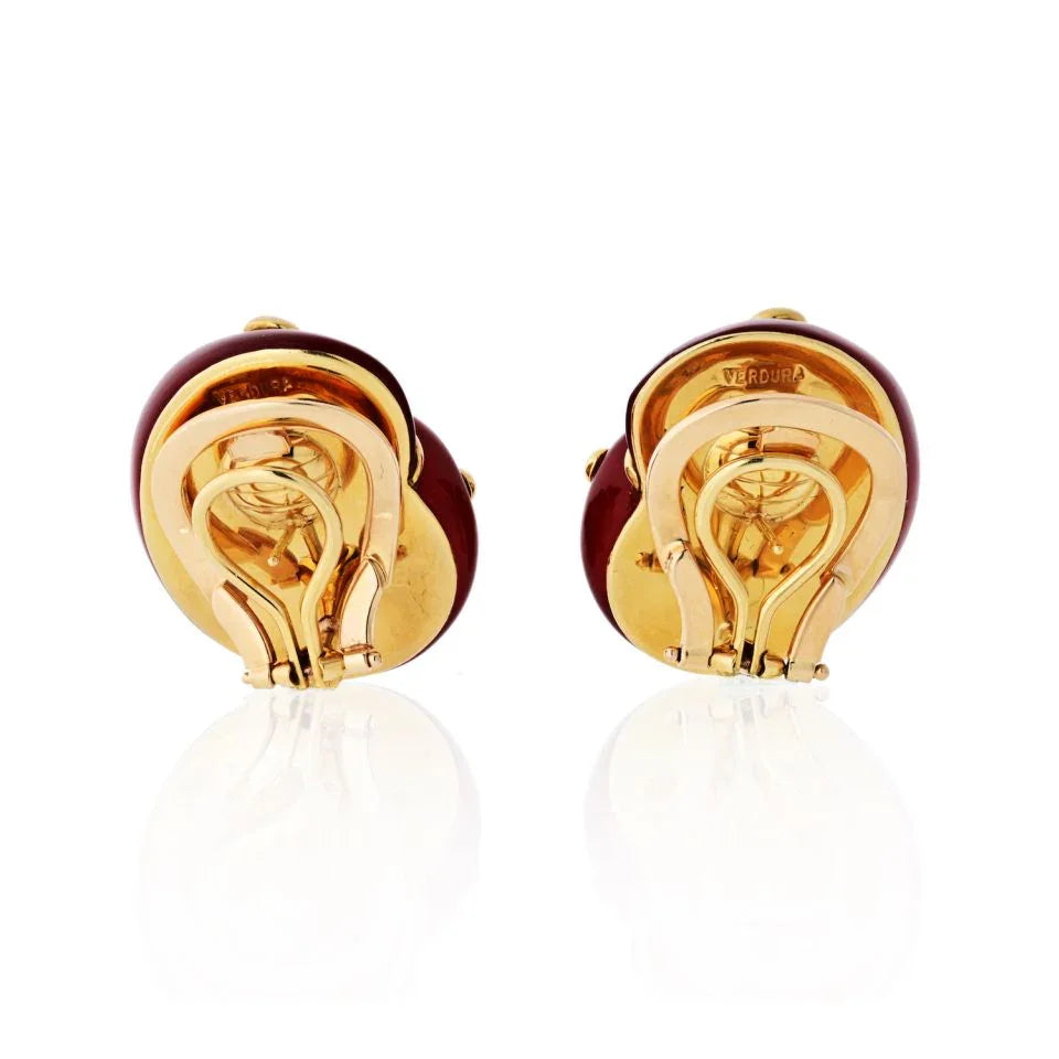 Verdura 18K Yellow Gold Carnelian Shell Earrings - The Back Vault