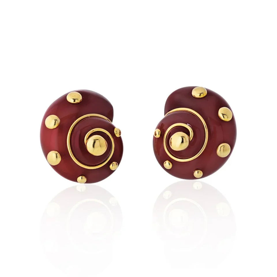 Verdura 18K Yellow Gold Carnelian Shell Earrings - The Back Vault