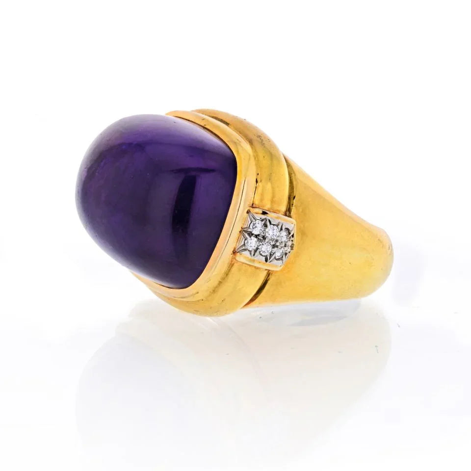 David Webb Platinum & 18K Yellow Gold Cabochon Amethyst And Diamond Cocktail Ring - The Back Vault