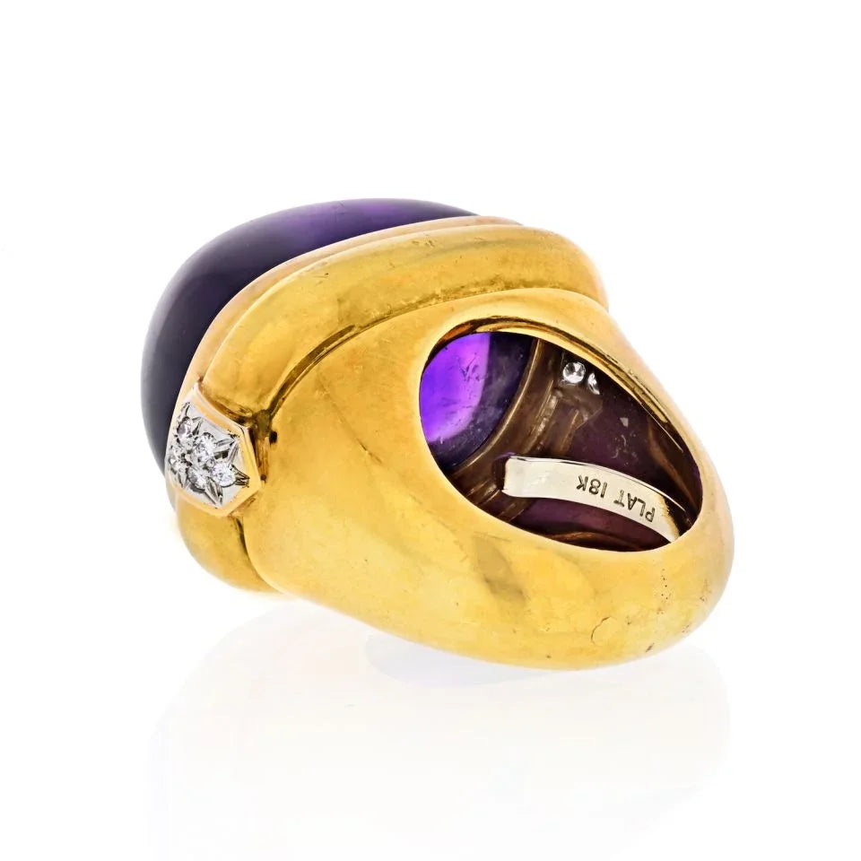 David Webb Platinum & 18K Yellow Gold Cabochon Amethyst And Diamond Cocktail Ring - The Back Vault