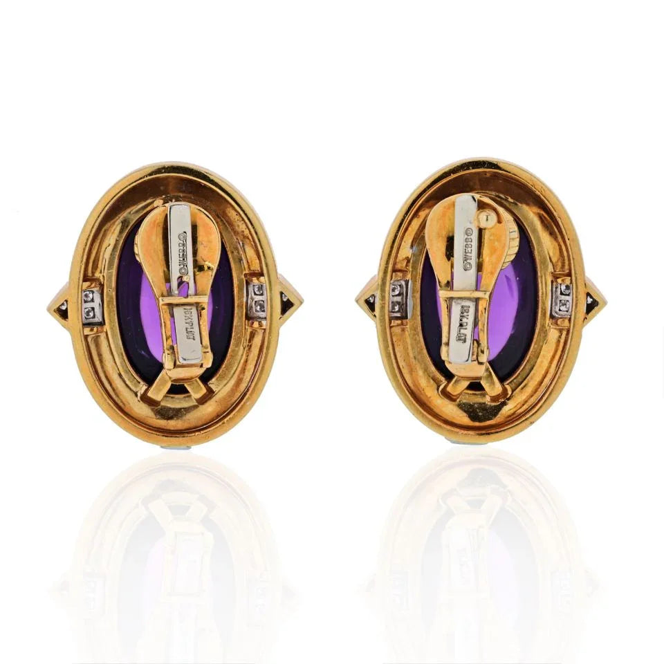 David Webb Platinum & 18K Yellow Gold Cabochon Amethyst And Diamonds Earrings - The Back Vault