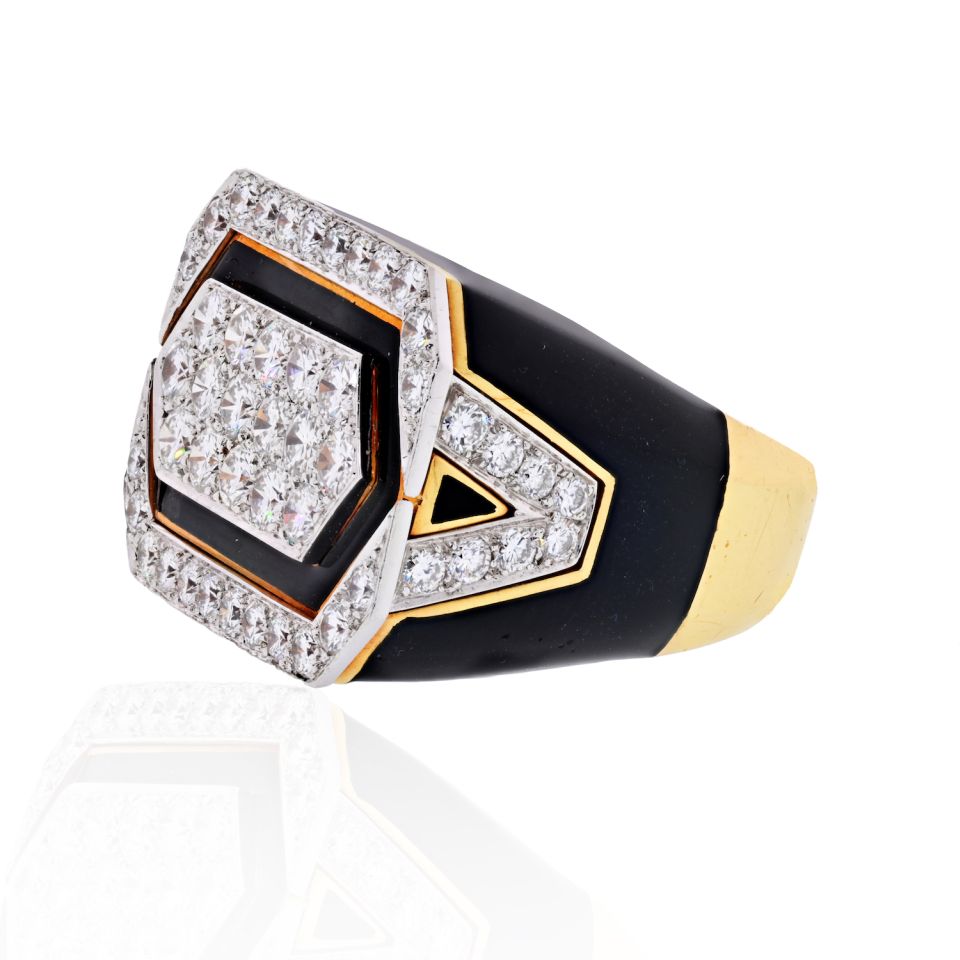 David Webb Platinum & 18K Yellow Gold Black Enamel And Diamond Ring
