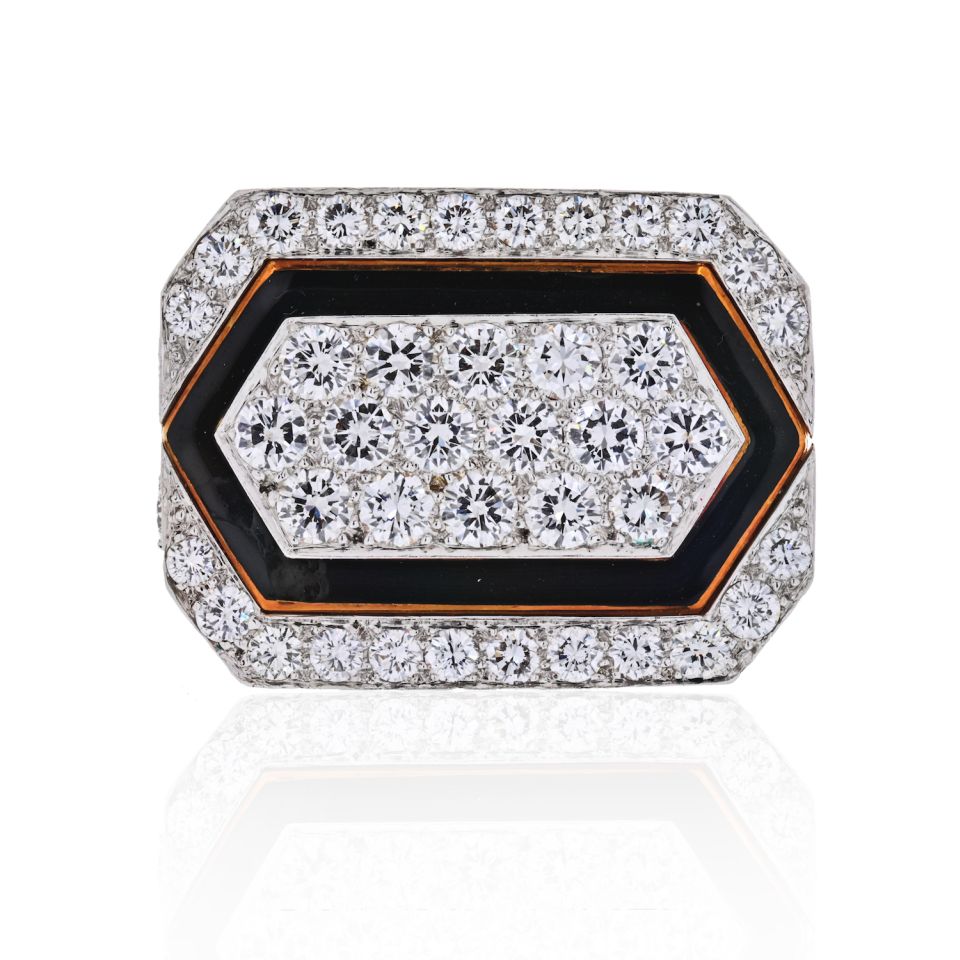 David Webb Platinum & 18K Yellow Gold Black Enamel And Diamond Ring