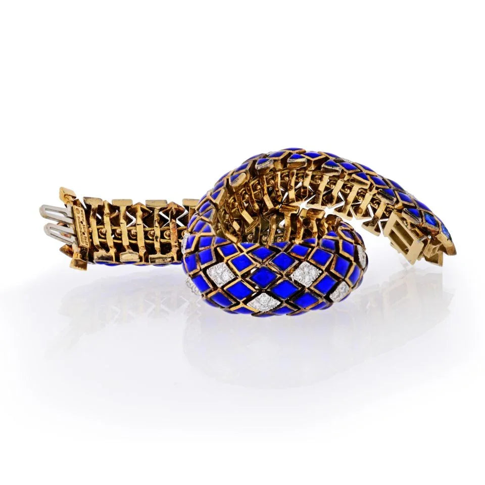 David Webb Platinum & 18K Yellow Gold Blue Enamel And Diamond Bracelet - The Back Vault