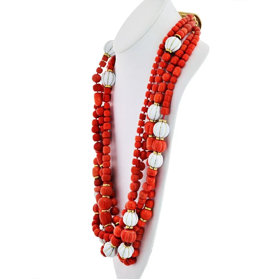 David Webb 18K Yellow Gold Coral And White Enamel Multi-Strand Necklace - The Back Vault