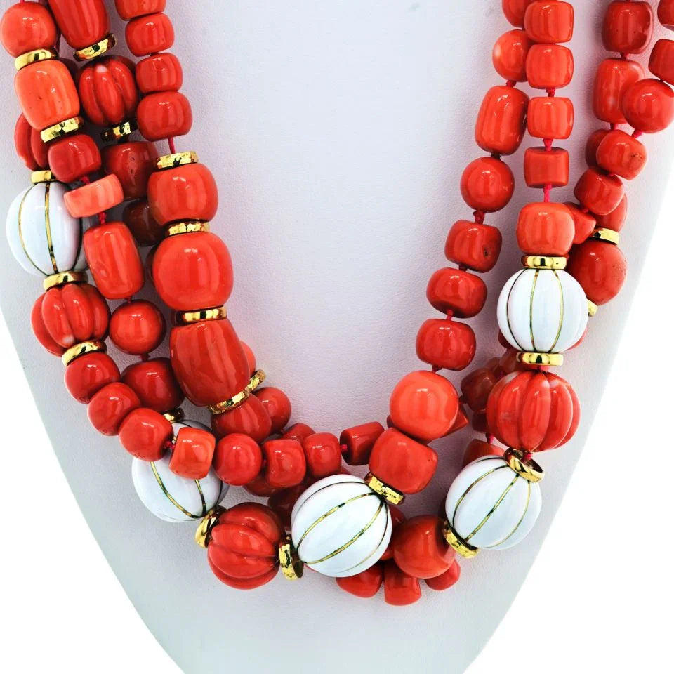 David Webb 18K Yellow Gold Coral And White Enamel Multi-Strand Necklace - The Back Vault