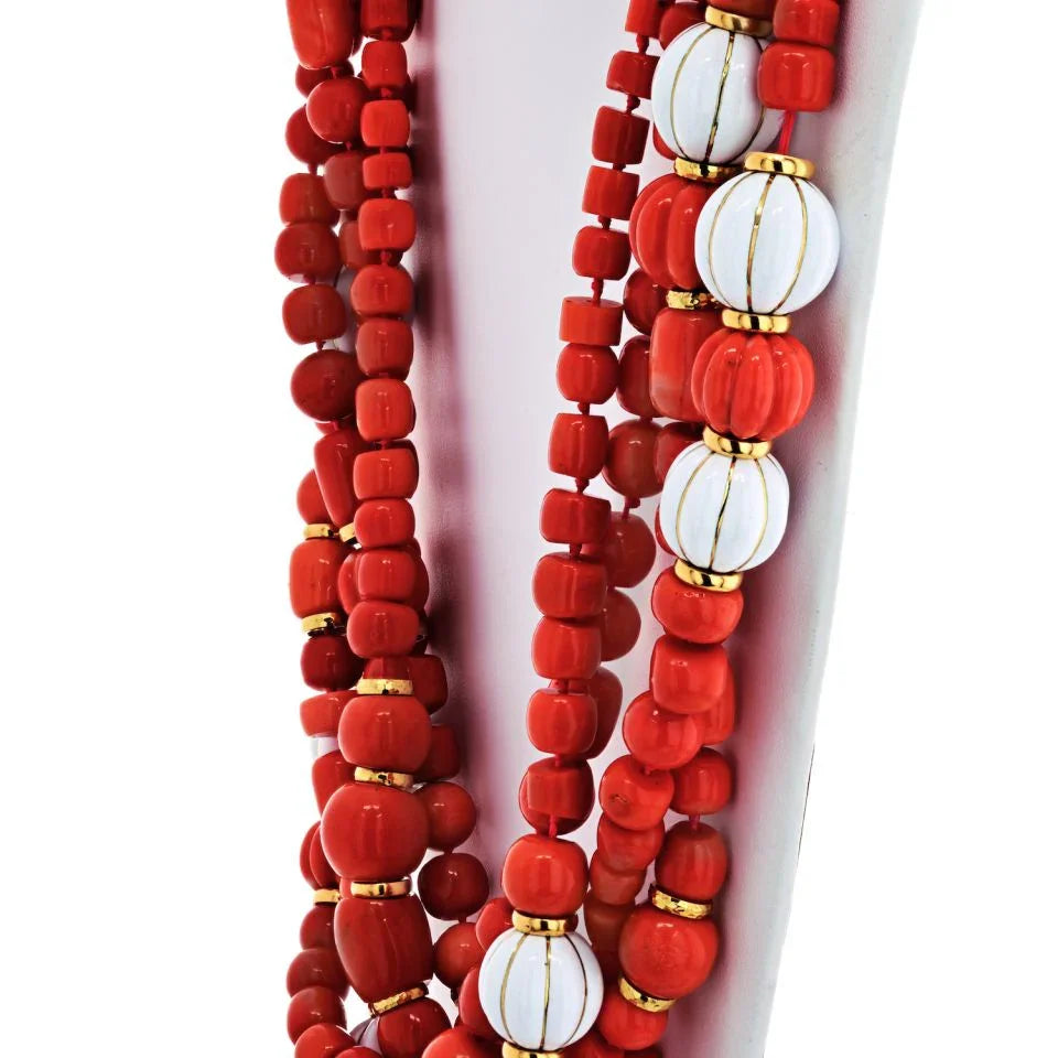 David Webb 18K Yellow Gold Coral And White Enamel Multi-Strand Necklace - The Back Vault