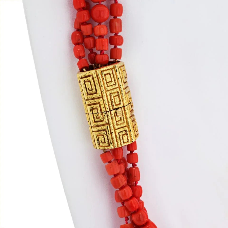 David Webb 18K Yellow Gold Coral And White Enamel Multi-Strand Necklace - The Back Vault