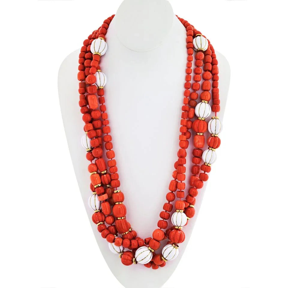 David Webb 18K Yellow Gold Coral And White Enamel Multi-Strand Necklace - The Back Vault