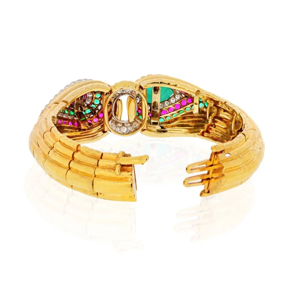 David Webb Platinum & 18K Yellow Gold Raja Tears Green Emeralds, Rubies, Diamonds Bracelet - The Back Vault