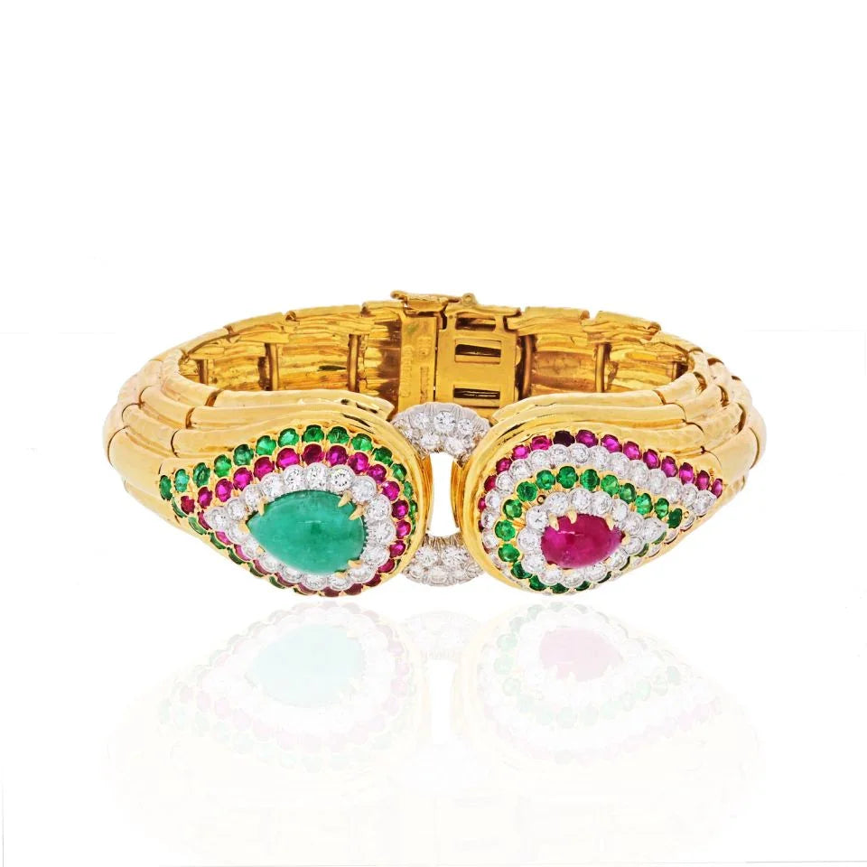 David Webb Platinum & 18K Yellow Gold Raja Tears Green Emeralds, Rubies, Diamonds Bracelet - The Back Vault
