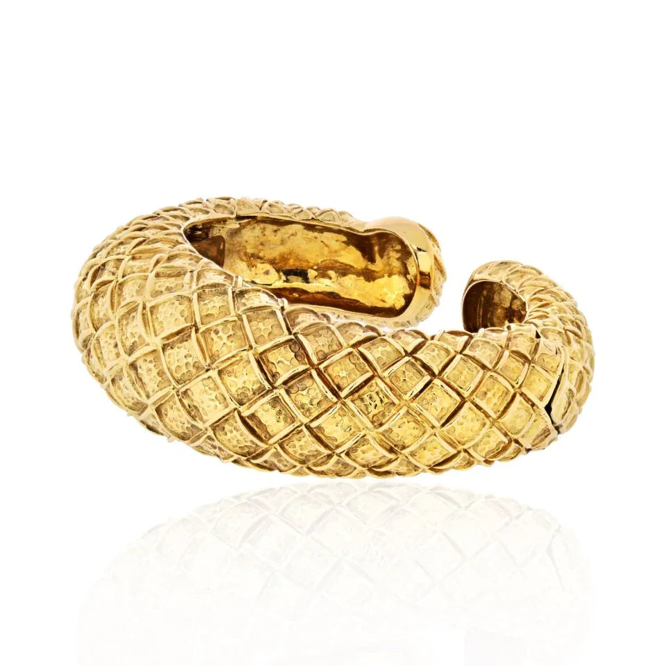 David Webb 1970's 18K Yellow Gold Checkerboard Tapered Cuff Bracelet - The Back Vault