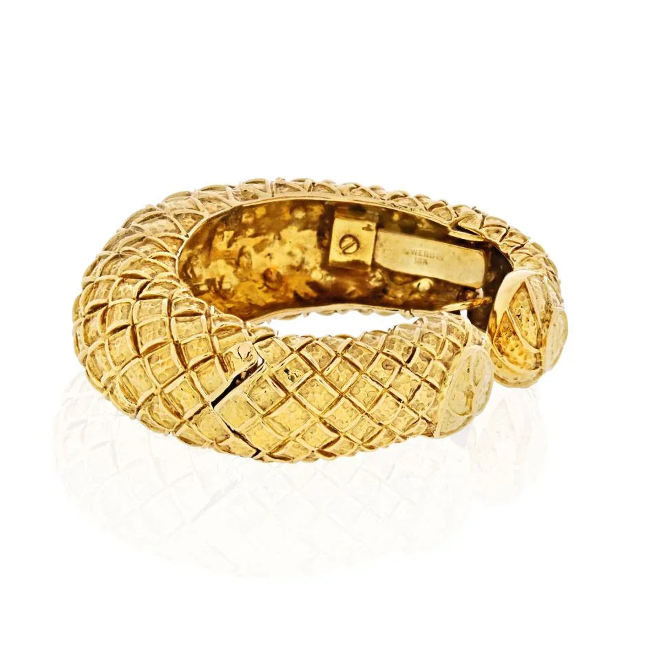David Webb 1970's 18K Yellow Gold Checkerboard Tapered Cuff Bracelet - The Back Vault