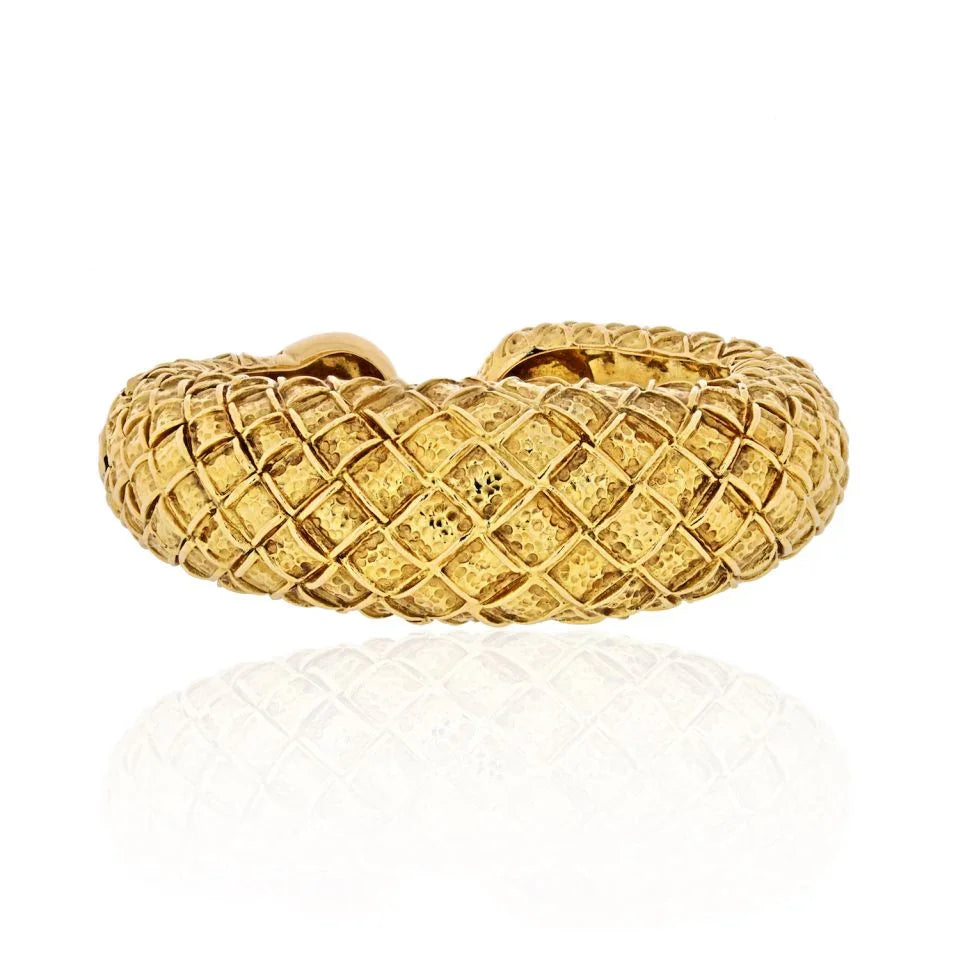 David Webb 1970's 18K Yellow Gold Checkerboard Tapered Cuff Bracelet - The Back Vault