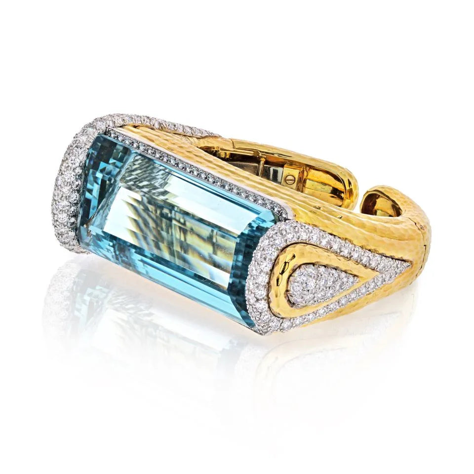 David Webb Platinum & 18K Yellow Gold Aquamarine, Diamonds, Hinged Cuff Bangle Bracelet - The Back Vault