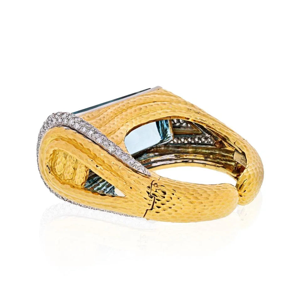 David Webb Platinum & 18K Yellow Gold Aquamarine, Diamonds, Hinged Cuff Bangle Bracelet - The Back Vault