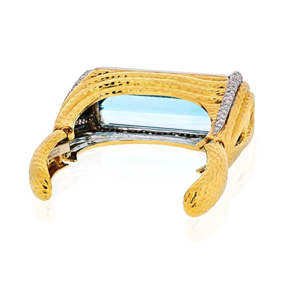 David Webb Platinum & 18K Yellow Gold Aquamarine, Diamonds, Hinged Cuff Bangle Bracelet - The Back Vault