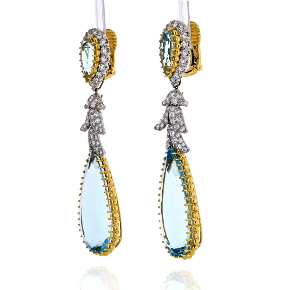 David Webb Platinum & 18K Yellow Gold Teardrop Aquamarine And Diamond Dangling Earrings - The Back Vault