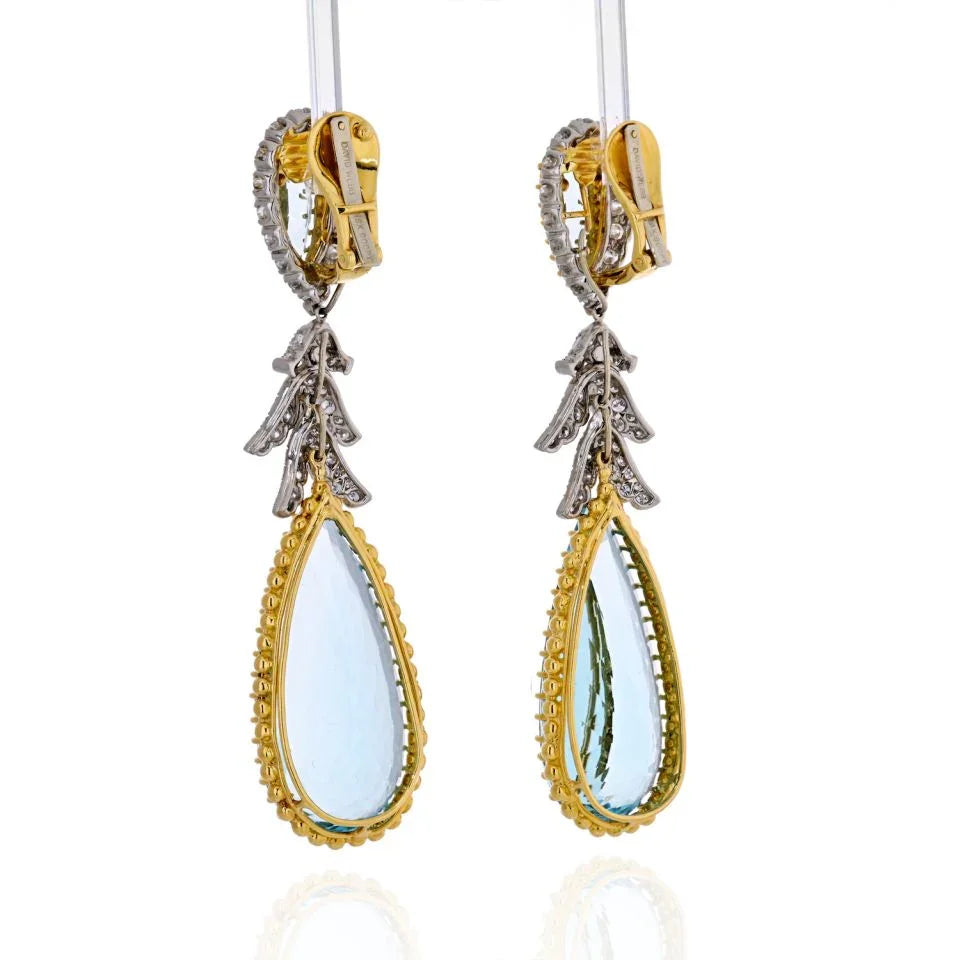 David Webb Platinum & 18K Yellow Gold Teardrop Aquamarine And Diamond Dangling Earrings - The Back Vault