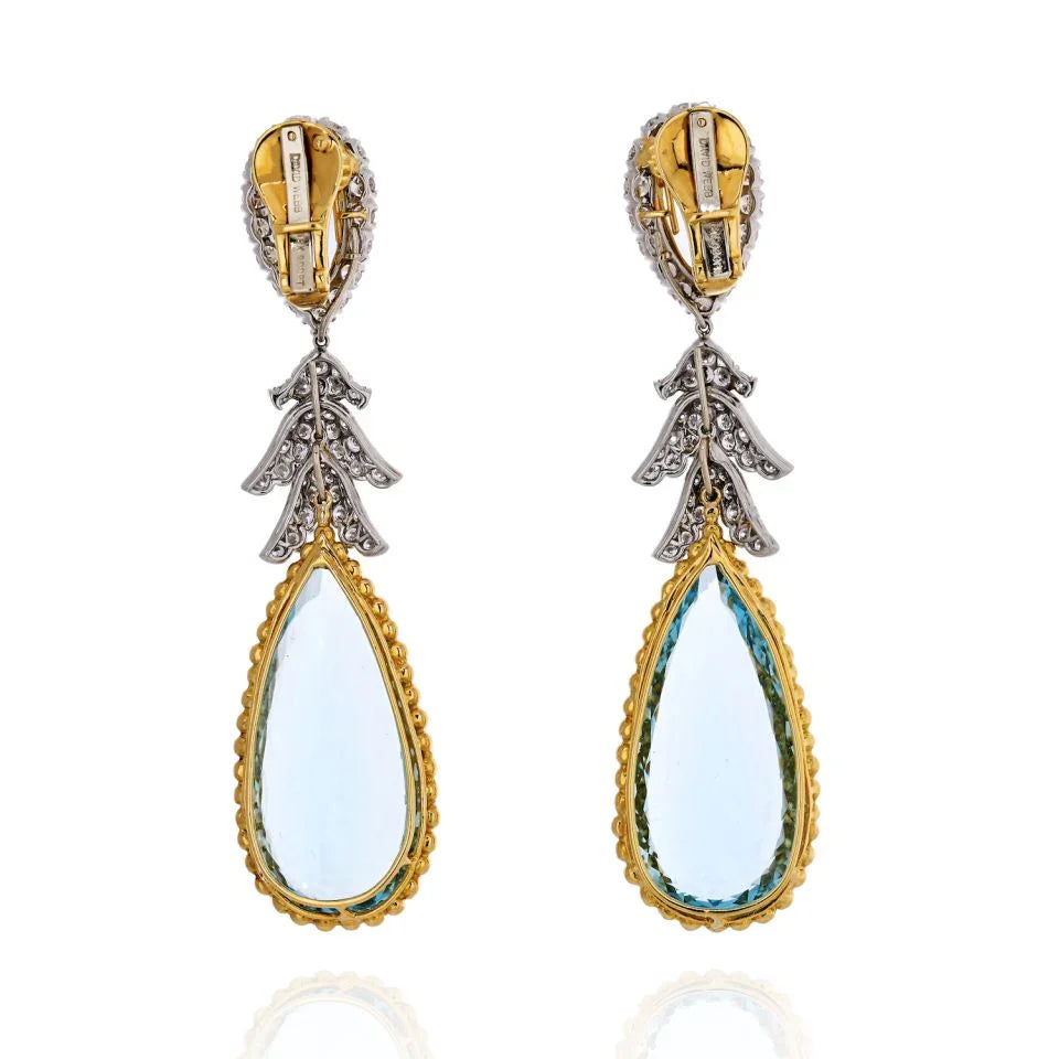 David Webb Platinum & 18K Yellow Gold Teardrop Aquamarine And Diamond Dangling Earrings - The Back Vault