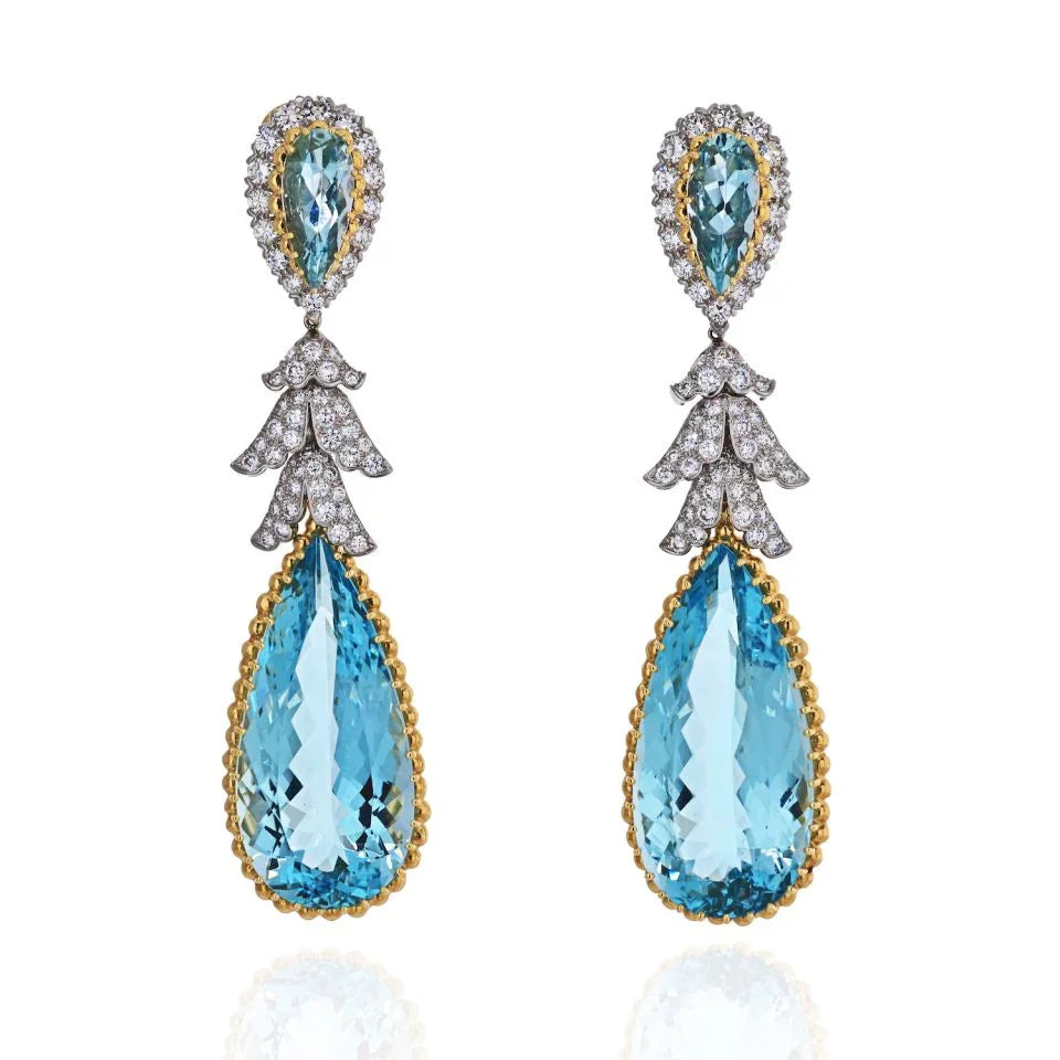 David Webb Platinum & 18K Yellow Gold Teardrop Aquamarine And Diamond Dangling Earrings - The Back Vault
