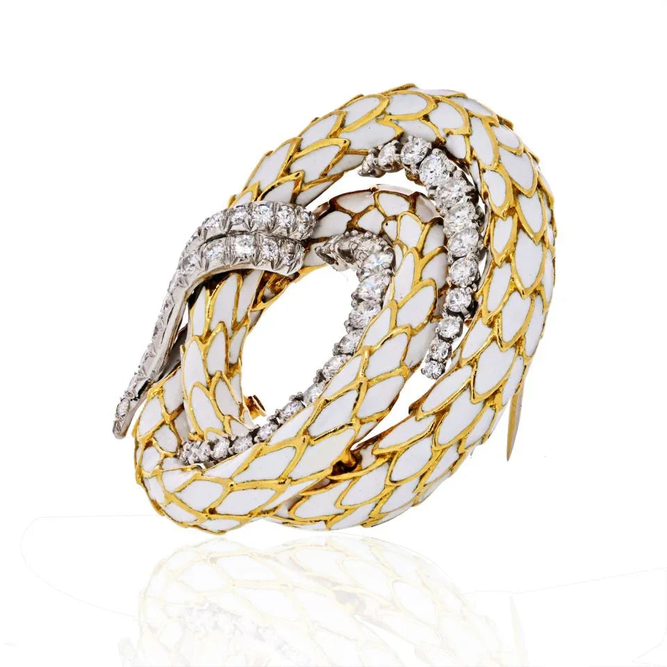 David Webb Snake Scales Coil, White Enamel, Diamond Circle Brooch - The Back Vault