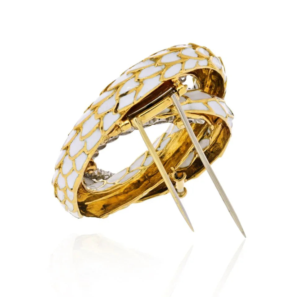 David Webb Snake Scales Coil, White Enamel, Diamond Circle Brooch - The Back Vault