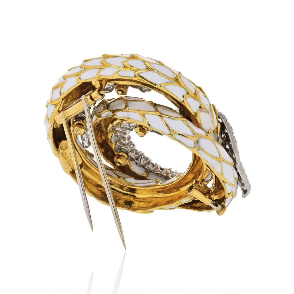 David Webb Snake Scales Coil, White Enamel, Diamond Circle Brooch - The Back Vault