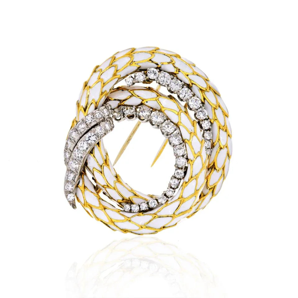 David Webb Snake Scales Coil, White Enamel, Diamond Circle Brooch - The Back Vault