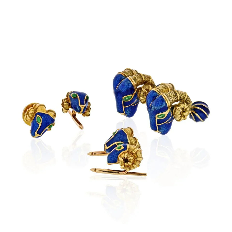 David Webb Ram Head Blue Enamel, Green Emeralds Cuff Links And Stud Dress Set - The Back Vault