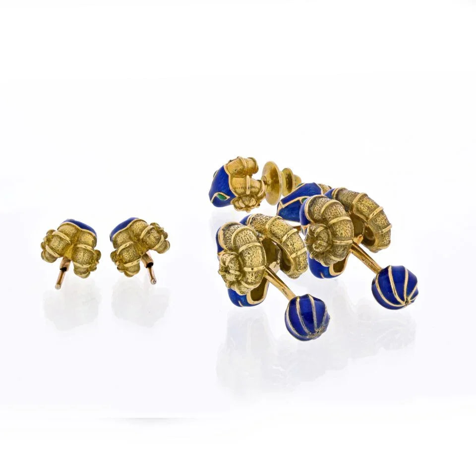 David Webb Ram Head Blue Enamel, Green Emeralds Cuff Links And Stud Dress Set - The Back Vault