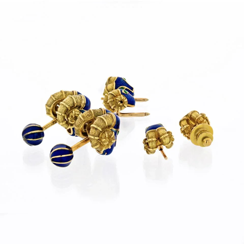 David Webb Ram Head Blue Enamel, Green Emeralds Cuff Links And Stud Dress Set - The Back Vault
