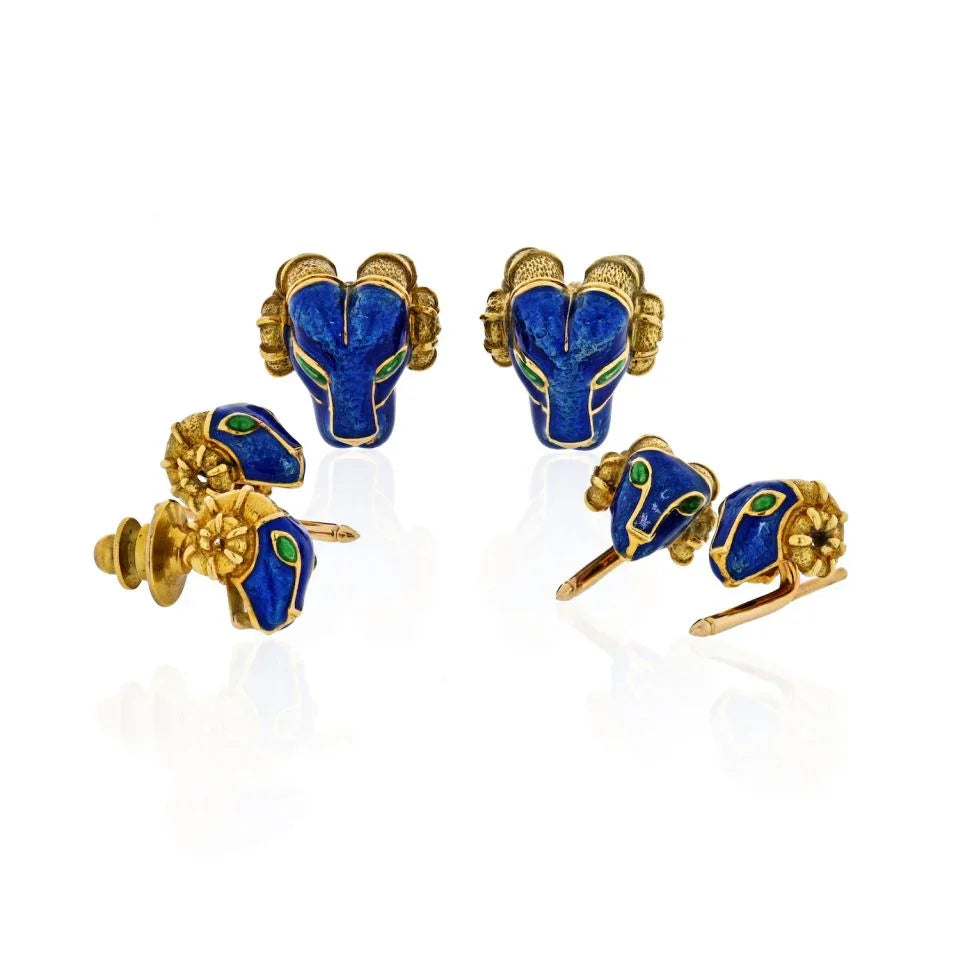 David Webb Ram Head Blue Enamel, Green Emeralds Cuff Links And Stud Dress Set - The Back Vault