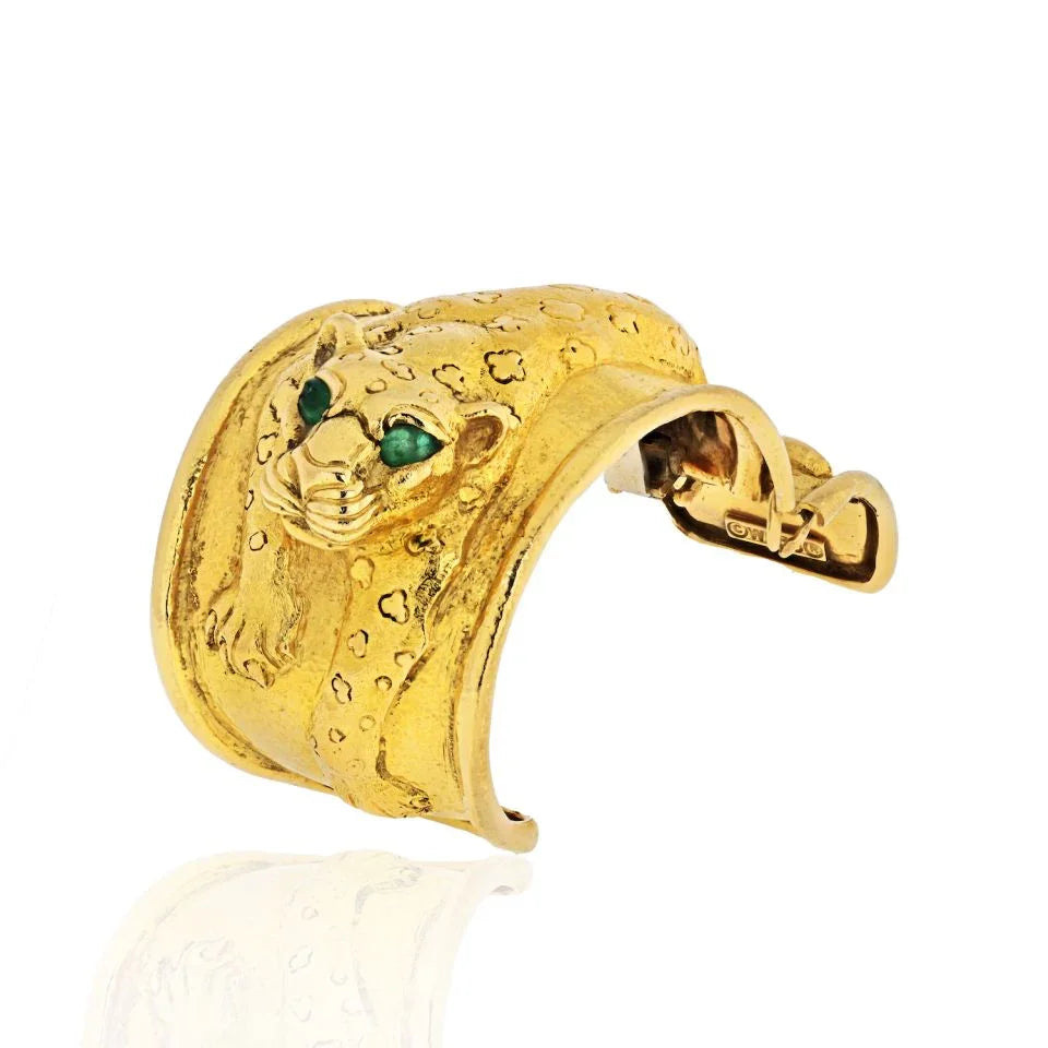 David Webb Repousse 18K Yellow Gold Leopard Emerald Eye Cuff Bracelet - The Back Vault