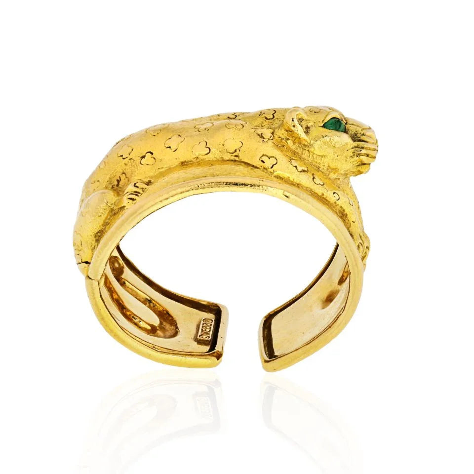 David Webb Repousse 18K Yellow Gold Leopard Emerald Eye Cuff Bracelet - The Back Vault