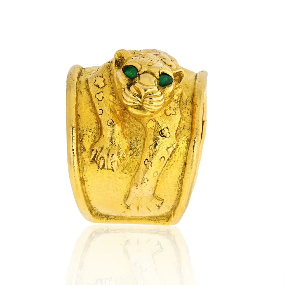 David Webb Repousse 18K Yellow Gold Leopard Emerald Eye Cuff Bracelet - The Back Vault