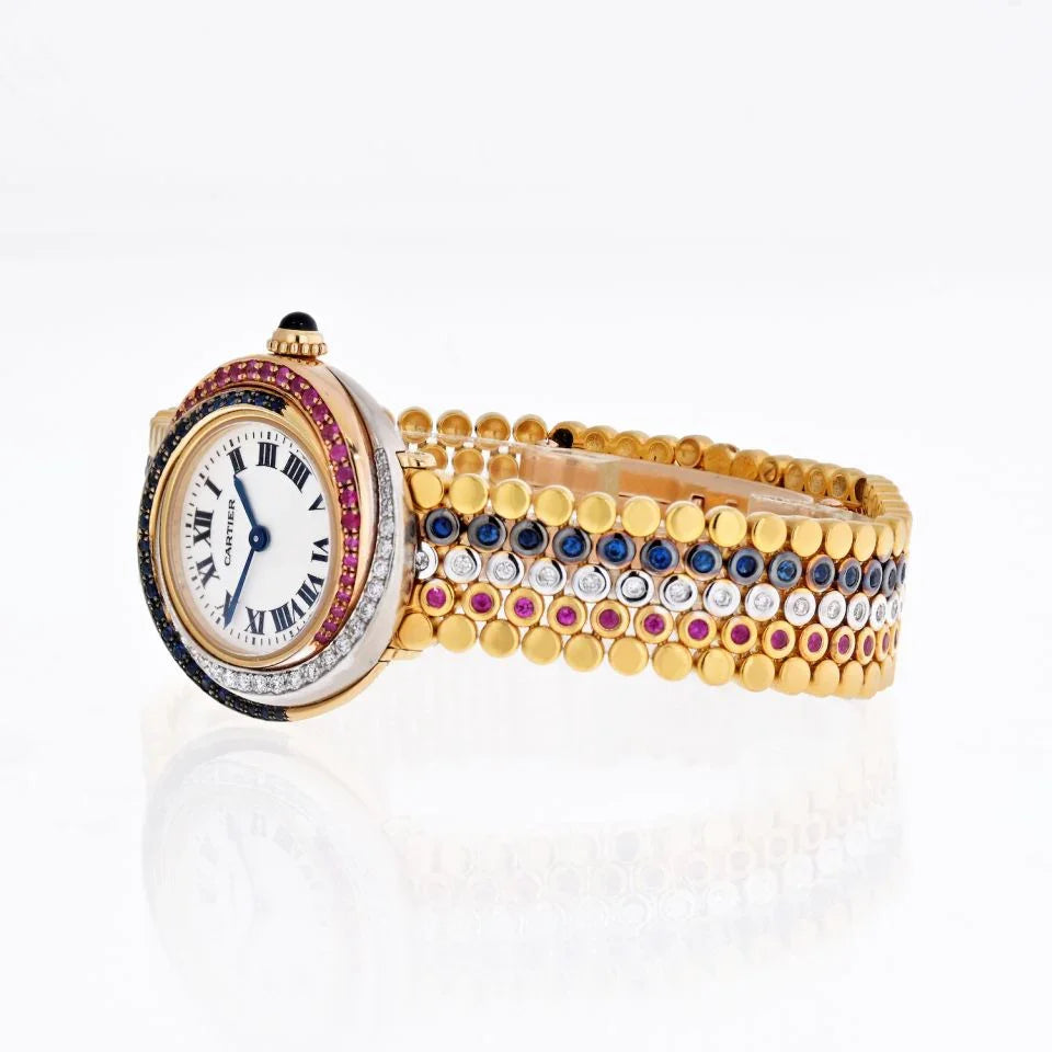 Cartier Trinity 18K Tri Color 2357 Sapphire, Ruby, And Diamond Women Wrist Watch - The Back Vault