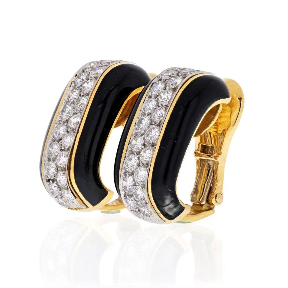 David Webb Platinum & 18K Yellow Gold 2.00 carat Diamond Huggie Black Enamel Earrings - The Back Vault