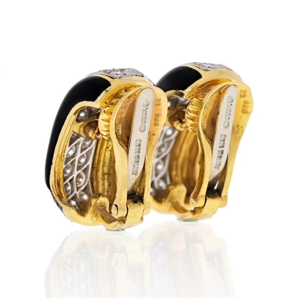 David Webb Platinum & 18K Yellow Gold 2.00 carat Diamond Huggie Black Enamel Earrings - The Back Vault